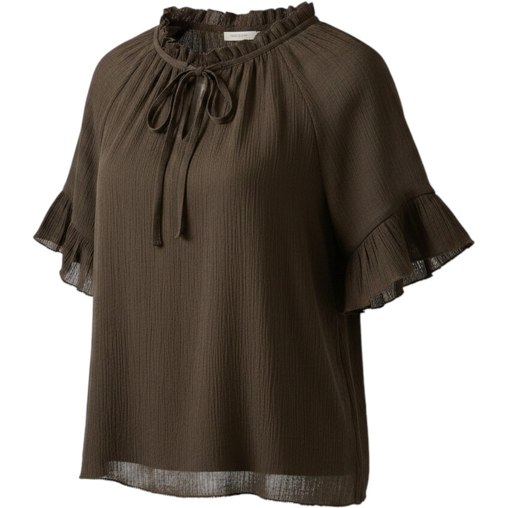 Lilla P Olive Green Ruffle Tie Neck Crinkle Blouse Short Sleeve Medium